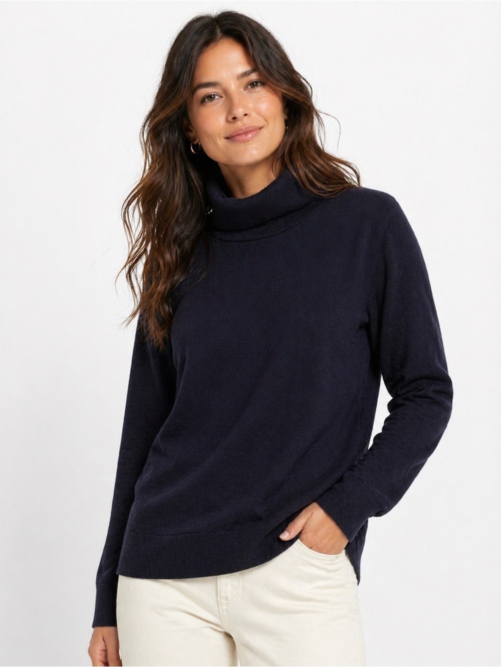 Elegant Cotton Casual Chic Turtleneck Sweater WMN XL Navy Minimalist Preppy Cozy
